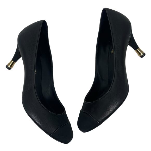 Chanel CC Logo Gold Tipped Heel Cap Toe Leather Pump Black Size 38 - Picture 5 of 10